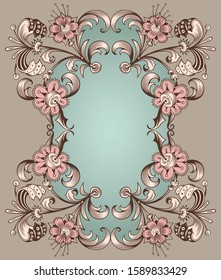 Floral hand drawn vector vintage border. Engraved nature elements and objects illustration. Frame design.