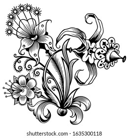 Floral hand drawn vector vintage illustration. Engraved nature elements and objects