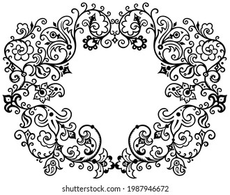 Floral hand drawn vector vintage border. Engraved nature elements and objects illustration. Frame design.