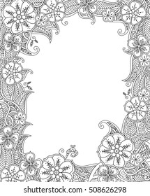 Floral hand drawn vertical frame in zentangle inspired style. Doodle flowers decorative border. Coloring book for adult and children. Editable vector illustration.