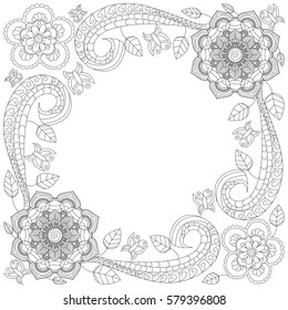 Floral hand drawn vertical frame in zentangle inspired style isolated on white background. Doodle flowers decorative border. Coloring book for adult and children. Editable vector illustration.