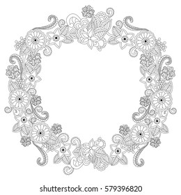 Floral hand drawn vertical frame oval in zentangle inspired style isolated on white background. Doodle flowers decorative border circle. Coloring book for adult and children. Editable vector