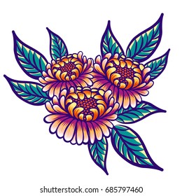 Floral hand drawn vintage flowers. Fabulous orange-purple flowers and green leaves on a white background. Tropical flower. Exotic textile botanical design. Summer design. Vector illustration.