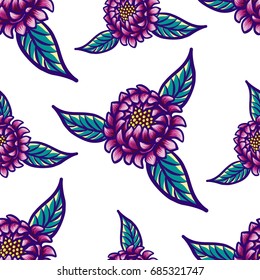 Floral hand drawn vintage seamless pattern with flowers and leaves. Fabulous purple flowers and blue leaves on a white background. Tropical seamless pattern with exotic vivid leaves. Exotic textile