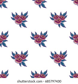 Floral hand drawn vintage seamless pattern with flowers and leaves. Fabulous orange-purple flowers and green leaves on a white background. Tropical seamless pattern with exotic vivid leaves. Exotic