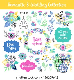 Floral hand drawn vintage set. Vector colorful frames and phrases, flowers and leaves collection. Isolated page decorations on shabby chic style. Design for patterns, textile, print.