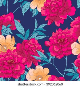 Floral hand drawn vintage vector seamless pattern with flowers and leaves. 