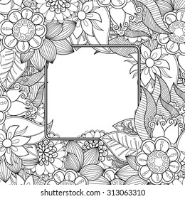 Floral hand drawn zentangle frame. Doodle flowers decorative border.