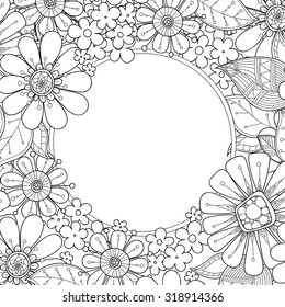 Floral hand drawn zentangle frame. Doodle flowers decorative border.