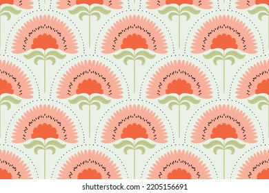 Floral hand fan seamless pattern design. Pink and red flowers on a soft pastel background. Floral pattern for wallpaper and wrapping design.