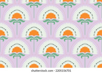 Floral hand fan seamless pattern design. Beige and orange flowers on a pastel lilac background. Floral pattern for wallpaper and wrapping design.