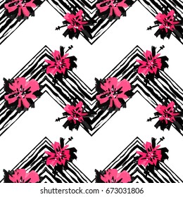Floral hand painted expressive pink ink watercolor trendy seamless pattern.Artistic design with authentic,unique scrapes, watercolour blotted background for a logo, cards, invitations, posters,banners