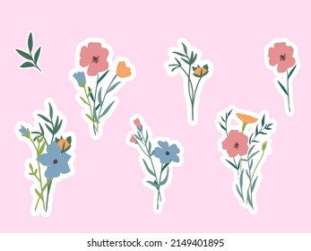 Floral hand painted wild flowers and plants. Botanical nature collection. Spring floral meadow flowers for stickers, print, wallpaper, textile, craft, wrapping. Small flowers and herbs