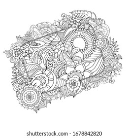 Floral handdrawn adult colouring book anti stress page. Abstract monochrome ornament