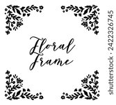 Floral Handdrawn Corner Frame Set in Retro Curl Style. Beautiful Flora Filigree Wall Art Decor. Vector Nature Illustration Isolated on White Background. Linocut Floral Ornament. Print Decoration