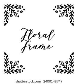 Floral Handdrawn Corner Frame Set in Retro Curl Style. Beautiful Flora Filigree Wall Art Decor. Vector Nature Illustration Isolated on White Background. Linocut Floral Ornament. Print Decoration