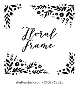 Floral Handdrawn Corner Frame Set in Retro Curl Style. Beautiful Flora Filigree Wall Art Decor. Vector Nature Illustration Isolated on White Background. Linocut Floral Ornament. Print Decoration