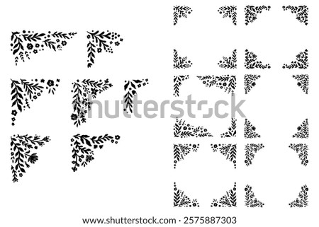 Floral Handdrawn Corner Frame Set in Retro Curl Style. Beautiful Flora Filigree Wall Art Decor. Vector Nature Illustration Isolated on White Background. Linocut Floral Ornament. Print Decoration