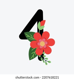 Floral hand-drawn Four number alphabet flat design