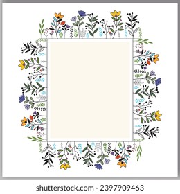 Floral hand-drawn frame Outlined doodle flowers and leaves frame for your text vector