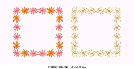Floral hand-drawn frames with bright summer flowers for playful and whimsical designs. Bright hand-drawn square vector frames for wedding invitations, greeting cards, packaging, etc.