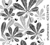 Floral hand-drawn seamless pattern. Black and white leaves of chestnut and buckeye - doodle background.