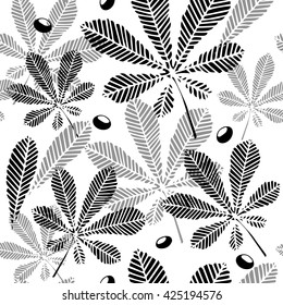 Floral hand-drawn seamless pattern. Black and white leaves of chestnut and buckeye - doodle background.