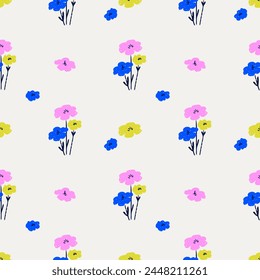 Patrón floral sin costuras dibujado a mano. Flores atrevidas y coloridas. Ilustración vectorial de flores abstractas aisladas sobre un fondo blanco