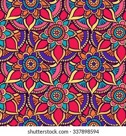 Floral hand-drawn seamless pattern. Doodle vector background with  flowers, leaves. Indian ornament, henna style. Luxury oriental design. Vector pattern in mendi style. 