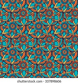 Floral hand-drawn seamless pattern. Doodle vector background with  flowers, leaves. Indian ornament, henna style. Luxury oriental design. Vector pattern in mendi style. 