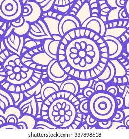 Floral hand-drawn seamless pattern. Doodle vector background with  flowers, leaves. Indian ornament, henna style. Luxury oriental design. Vector pattern in mendi style. 
