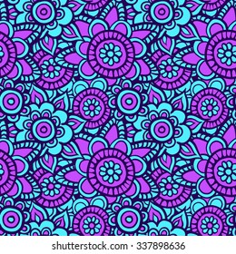 Floral hand-drawn seamless pattern. Doodle vector background with  flowers, leaves. Indian ornament, henna style. Luxury oriental design. Vector pattern in mendi style. 