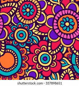 Floral hand-drawn seamless pattern. Doodle vector background with  flowers, leaves. Indian ornament, henna style. Luxury oriental design. Vector pattern in mendi style. 