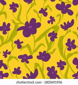 Floral hand-drawn seamless pattern. Purple flowers on yellow background. Vector illustration