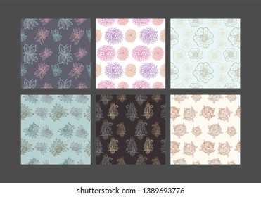 Floral hand-drawn seamless pattern set. Multicolored vector illustration.