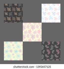 Floral hand-drawn seamless pattern set. Multicolored vector illustration.