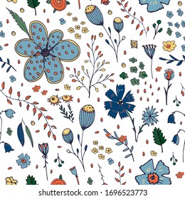 Floral handdrawn sketch seamless pattern. Pattern with different flowers on the white background.Great for fabrics, wallpaper,packaging.Poppy, cornflower, forget-me-not