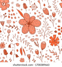 Floral handdrawn sketch seamless pattern. Pattern with different flowers on the white background.Great for fabrics, wallpaper,packaging.Poppy, cornflower, forget-me-not