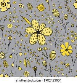 Floral handdrawn sketch seamless pattern. Pattern with different flowers on the white background.Great for fabrics, wallpaper,packaging.Poppy, cornflower, forget-me-not.