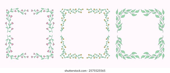 Floral hand-drawn vector frames with delicate flowers and leaves for elegant and nature-inspired designs. Decorative squared frames for wedding invitations, greeting cards, packaging, scrapbooks, etc.