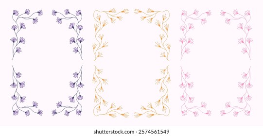 Floral hand-drawn vector frames with subtle branches and flowers for elegant and nature-inspired designs. Timeless decoration for wedding invitations, greeting cards, packaging, scrapbooking, etc.