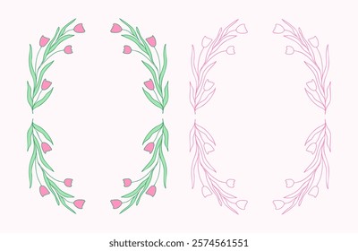 Floral hand-drawn vector frames with subtle tulip flowers and fresh leaves for elegant and nature-inspired designs. Lovely hand-drawn decor for wedding invitations, greeting cards, packaging, etc.