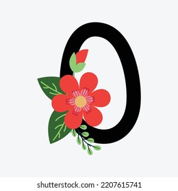 Floral hand-drawn zero number alphabet flat design