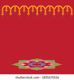 Floral hanging design of marigold flowers with colorful rangoli on maroon color background.