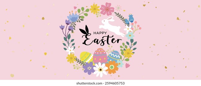 Floral Happy Easter Oval Frame With Bunny and Eggs. Banner, poster, greeting card. 