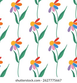 Floral happy pride seamless pattern. Rainbow petals daisy background. Colorful LGBTQ theme ornament. Hand drawn flat design vector illustration.