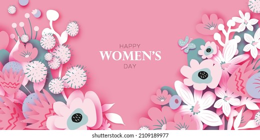 Floral Feliz Día de la Mujer. 8 de marzo. Día de Madres de Moda. Flores cortadas de papel. Flores de origami. La primavera florece en rosa. Marco cardíaco. Texto. Vacaciones estacionales. Decoración moderna. Muy peri.