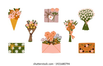 Floral Happy Women's Day March 8 Spring Holiday Ice Cone, Bouquet, Bunch Of Daisy, Wild Garden Blooming Flowers, Envelope, Wedding Gift, Plants Stems And Leaves Cute Cards Posters Element Illustration