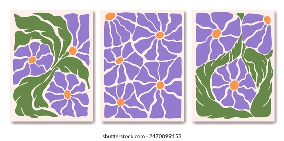 Tríptico de Armonía Floral: Composición Abstractas Púrpura y Naranja