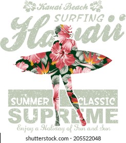 Floral Hawaii surfing, vector artwork for girl summer t shirt, grunge effect in separate layer